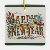 Frohes Neues Jahr in Baumstämmen, Kornen und Blume Keramikornament (Vorderseite)