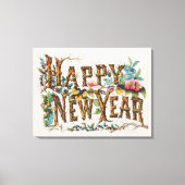 Frohes Neues Jahr in Baumstämmen, Kornen und Blume Leinwanddruck (Vorderseite)