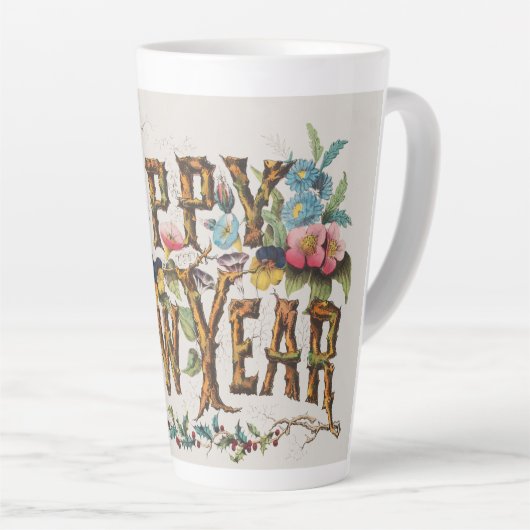 Frohes Neues Jahr in Baumstämmen, Kornen und Blume Milchtasse (Rechte Ecke)