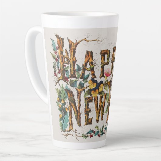 Frohes Neues Jahr in Baumstämmen, Kornen und Blume Milchtasse (Linke Ecke)