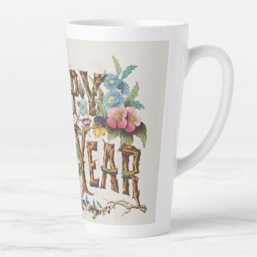 Frohes Neues Jahr in Baumstämmen, Kornen und Blume Milchtasse (Rechts)