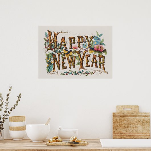 Frohes Neues Jahr in Baumstämmen, Kornen und Blume Poster (Küche)