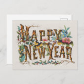 Frohes Neues Jahr in Baumstämmen, Kornen und Blume Postkarte (Vorne/Hinten)