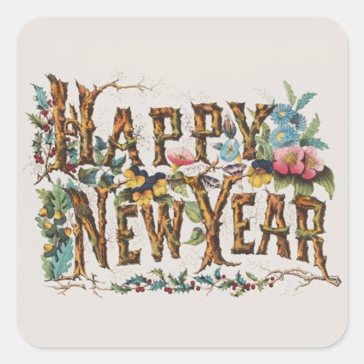 Frohes Neues Jahr in Baumstämmen, Kornen und Blume Quadratischer Aufkleber (Vorderseite)