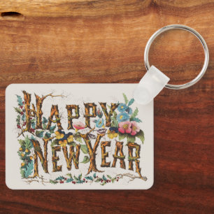 Frohes Neues Jahr in Baumstämmen, Kornen und Blume Schlüsselanhänger