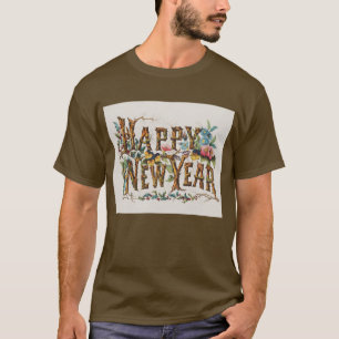 Frohes Neues Jahr in Baumstämmen, Kornen und Blume T-Shirt