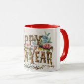 Frohes Neues Jahr in Baumstämmen, Kornen und Blume Tasse (VorderseiteRechts)