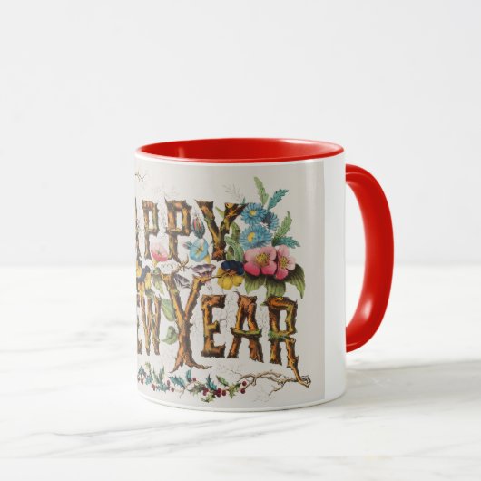 Frohes Neues Jahr in Baumstämmen, Kornen und Blume Tasse (VorderseiteRechts)