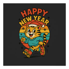 Frohes neues Jahr Katze - Süße 80er-Jahre-Cartoon- Poster