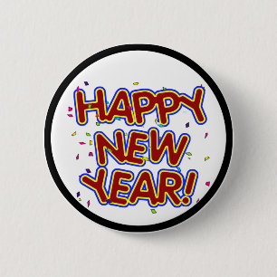 Frohes Neues Jahr - Lustiger roter Text mit Konfet Button