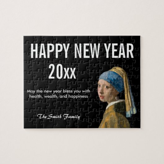 Frohes neues Jahr mit Mädchen mit Perlenohrring Puzzle (Horizontal)