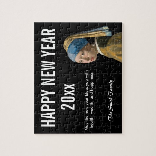 Frohes neues Jahr mit Mädchen mit Perlenohrring Puzzle (Vertikal)