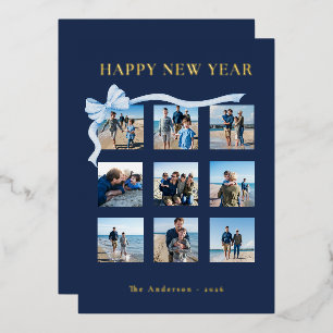 Frohes neues Jahr Navy Blau 9 Foto-Schleife Folien Feiertagskarte