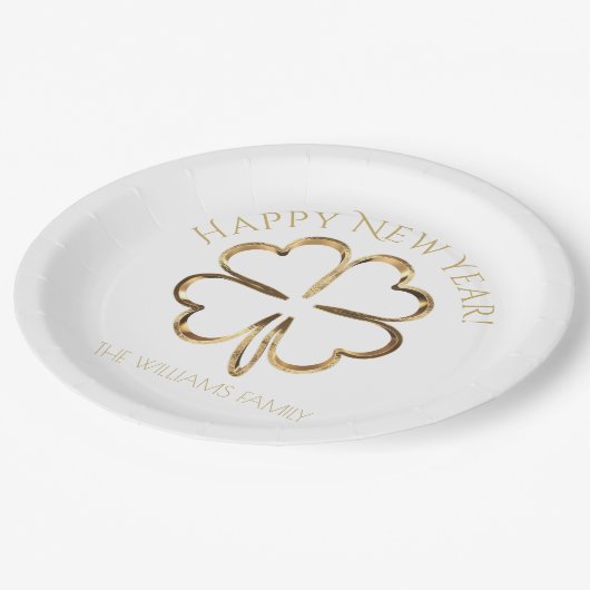 Frohes neues Jahr oder Ihr Text Vierblättriges Kle Pappteller (Schrägansicht)