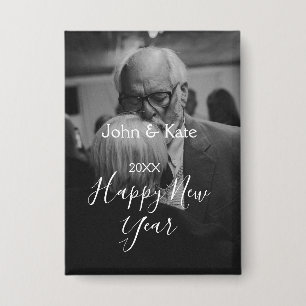 Frohes neues Jahr Paar Foto Name Jahr schwarz weiß Button