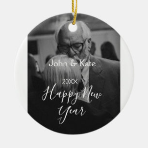 Frohes neues Jahr Paar Foto Name Jahr schwarz weiß Keramik Ornament