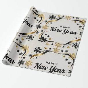 Frohes neues Jahr Schwarz und Gold Schneeflocke Geschenkpapier