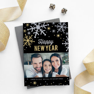 Frohes Neues Jahr Schwarzes Gold Silber Schneefloc Feiertagskarte
