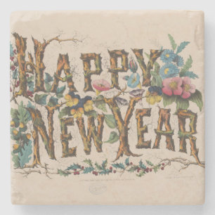 Frohes neues Jahr, Vintage Currier & Ives Druck Steinuntersetzer