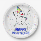 Frohes neues Jahr vom feierlichen Schneemann Pappteller (Vorderseite)