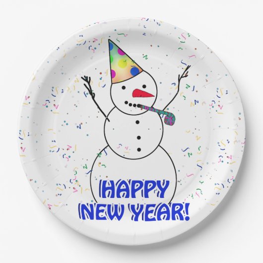 Frohes neues Jahr vom feierlichen Schneemann Pappteller (Vorderseite)