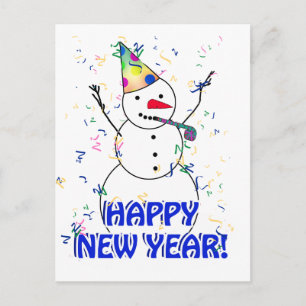 Frohes Neues Jahr vom feiernden Schneemann Feiertagspostkarte