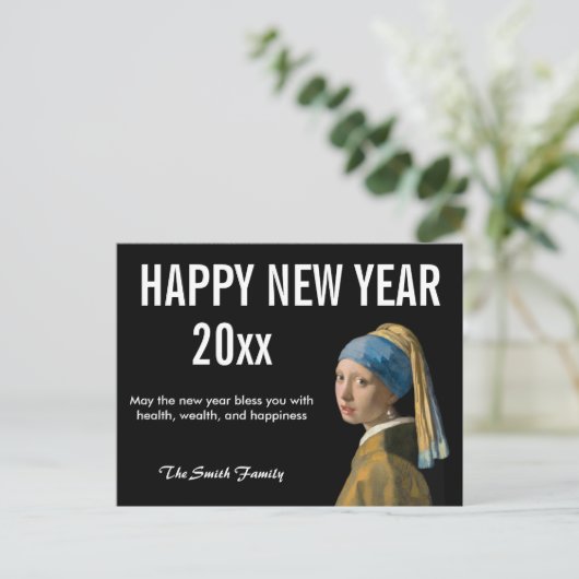 Frohes neues Jahr von Mädchen mit Perlenohrring Postkarte (Stehend Vorderseite)