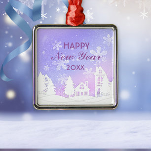 Frohes neues Jahr Weißes Schnee Haus Lila Ornament Aus Metall