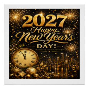 Frohes Neujahr 2027   Luxus-Gold-Feuerwerk  Poster