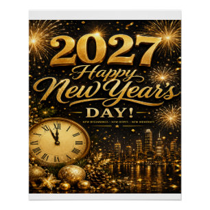Frohes Neujahr 2027 Luxus-Gold-Feuerwerk Poster