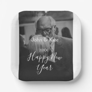 Frohes Neujahr-Paar-Foto Name Jahr schwarz weiß Pappteller