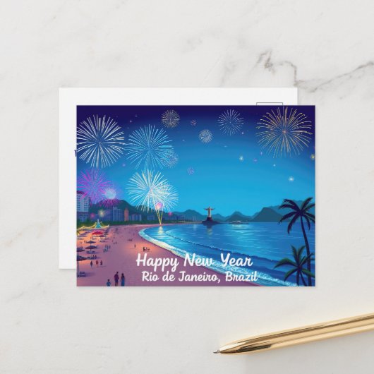 Frohes Neujahrsfest in Rio de Janeiro Postkarte (Vorderseite/Rückseite Beispiel)