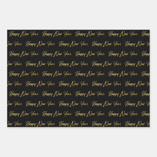 Frohes Neujahrspapier (schwarz) Geschenkpapier Set (Vorderseite)