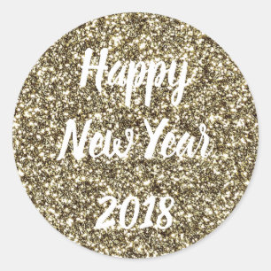 Frohes Neujahrsweißtext auf Gold Glitzer Elegant Runder Aufkleber