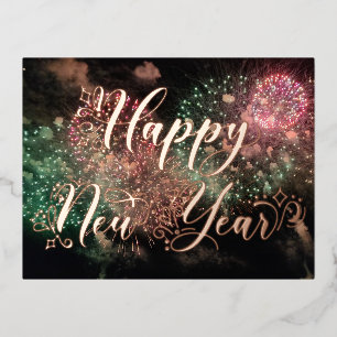 Frohes New Year Rose Gold Typografy Fireworks Folien Feiertagspostkarte