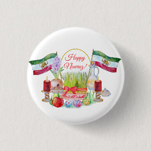Frohes Norooz Haft Sin mit Löwe und Sonnenflaggen Button