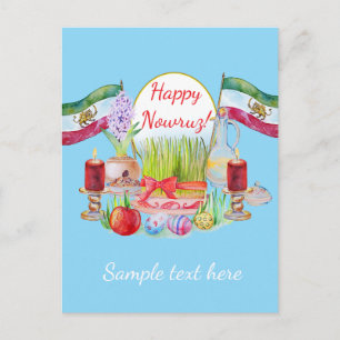 Frohes Norooz Haft Sin mit Löwe und Sonnenflaggen Postkarte