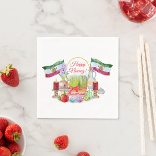 Frohes Norooz Haft Sin mit Löwe und Sonnenflaggen Serviette