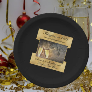 Frohes Silvester Elegant Modernes Schwarzes Gold Pappteller