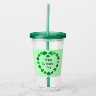 Frohes St. Patrick's Day Kleeblatt- und Herz-Kranz Acryltrinkbecher