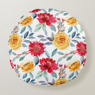 Frohes Wasserfarben-Blumenmuster in gelber Rose Rundes Kissen
