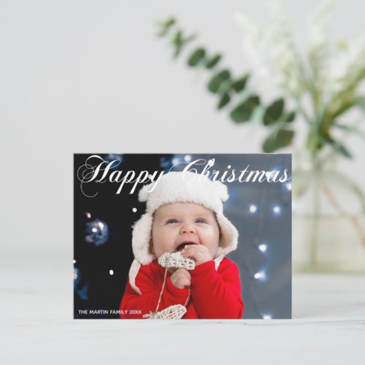 Frohes Weihnachts-Foto White Cursive Script Postkarte (Stehend Vorderseite)