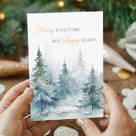 Fröhlich Alles Glücklich Immer Winterbäume Flach Feiertagskarte<br><div class="desc">Aquarell-Winterbäume in Grüntönen,  kombiniert mit Schreibschrift und moderner Typografie für eine Weihnachtskarte.</div>