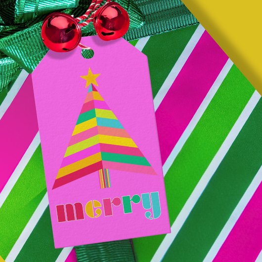 fröhlich farbenfroher gestreifter Weihnachtsbaum h Geschenkanhänger