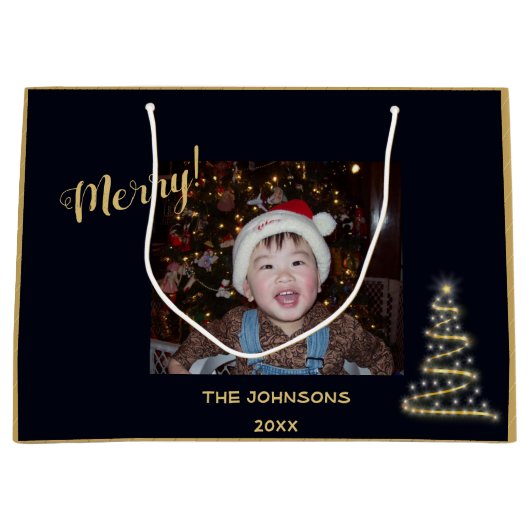 Fröhlich! ~ Goldweihnachtsbaum ~ Familiäres Foto Große Geschenktüte (Vorderseite)