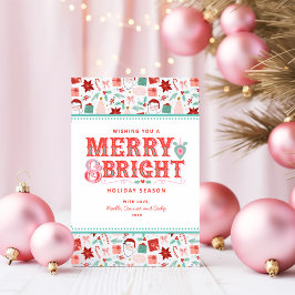 fröhlich Merry & Bright | Retro Rosa und Rot Holly Feiertagskarte