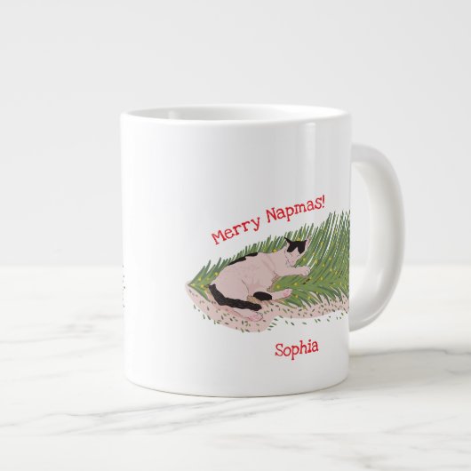 Fröhlich Napmas! Funny Cat vs Christmas Tree Jumbo-Tasse (Vorderseite Rechts)