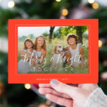 Fröhlich und hell 4 Foto moderne Weihnachtsorange Feiertagskarte<br><div class="desc">Elegante,  einfache,  orange-weiße 4 benutzerdefinierte Fotos der Familie "Merry and Bright together" Skript (Overlay Text Template) Urlaubskartenvorlage.                        Einfach mit Ihren Bildern,  Texten,  Familiennamen und Ihren Wünschen auf beiden Seiten personalisieren!</div>