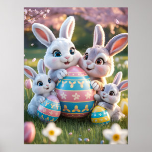 Fröhliche 3D-Hasenfamilie mit einem Osterei Poster
