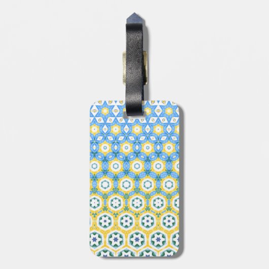 Fröhliche blaugelbe Gemustert Gepäckanhänger (Rückseite vertikal)